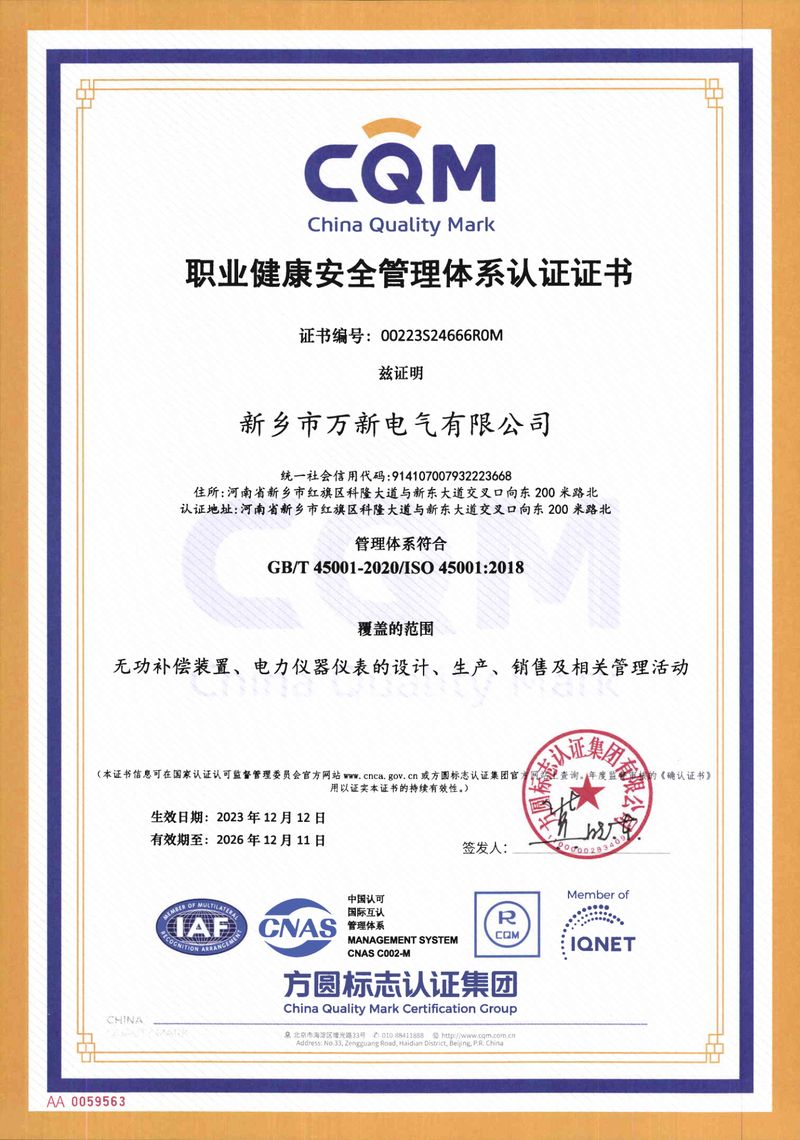 职业健康安全管理体系中文证书
